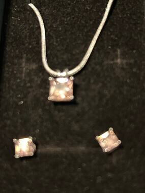 925 Sterling Silver Pink Sapphire CZ Necklace Earring Set 16" New